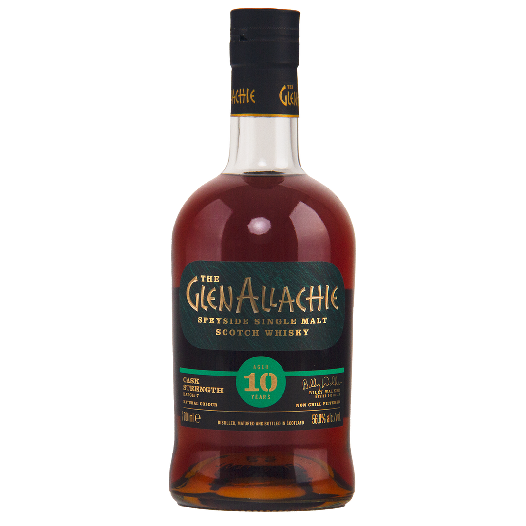 A bottle of GlenAllachie 10 Year Old Cask Strength Batch 7 Single Malt Whisky, a limited release with dark amber liquid and a green and gold label displaying product details.