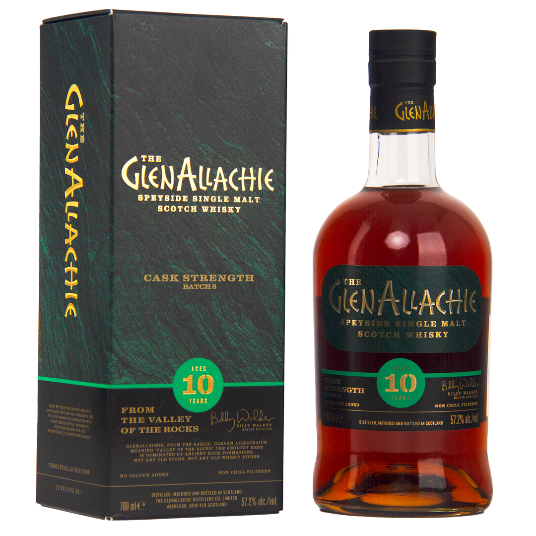 A bottle of GlenAllachie 10 Year Old Cask Strength Batch 8 single malt stands beside its green and black box, both highlighted with gold and turquoise details.