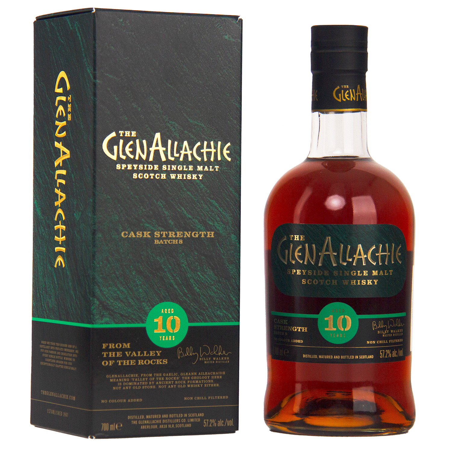 A bottle of GlenAllachie 10 Year Old Cask Strength Batch 8 single malt stands beside its green and black box, both highlighted with gold and turquoise details.