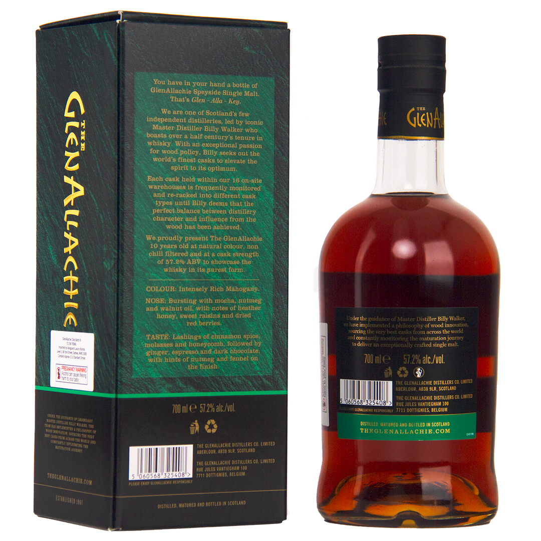 A bottle of GlenAllachie 10 Year Old Cask Strength Batch 8 with dark amber whisky stands next to its green and black box, both displaying gold and white text. The back label and box details can also be seen.