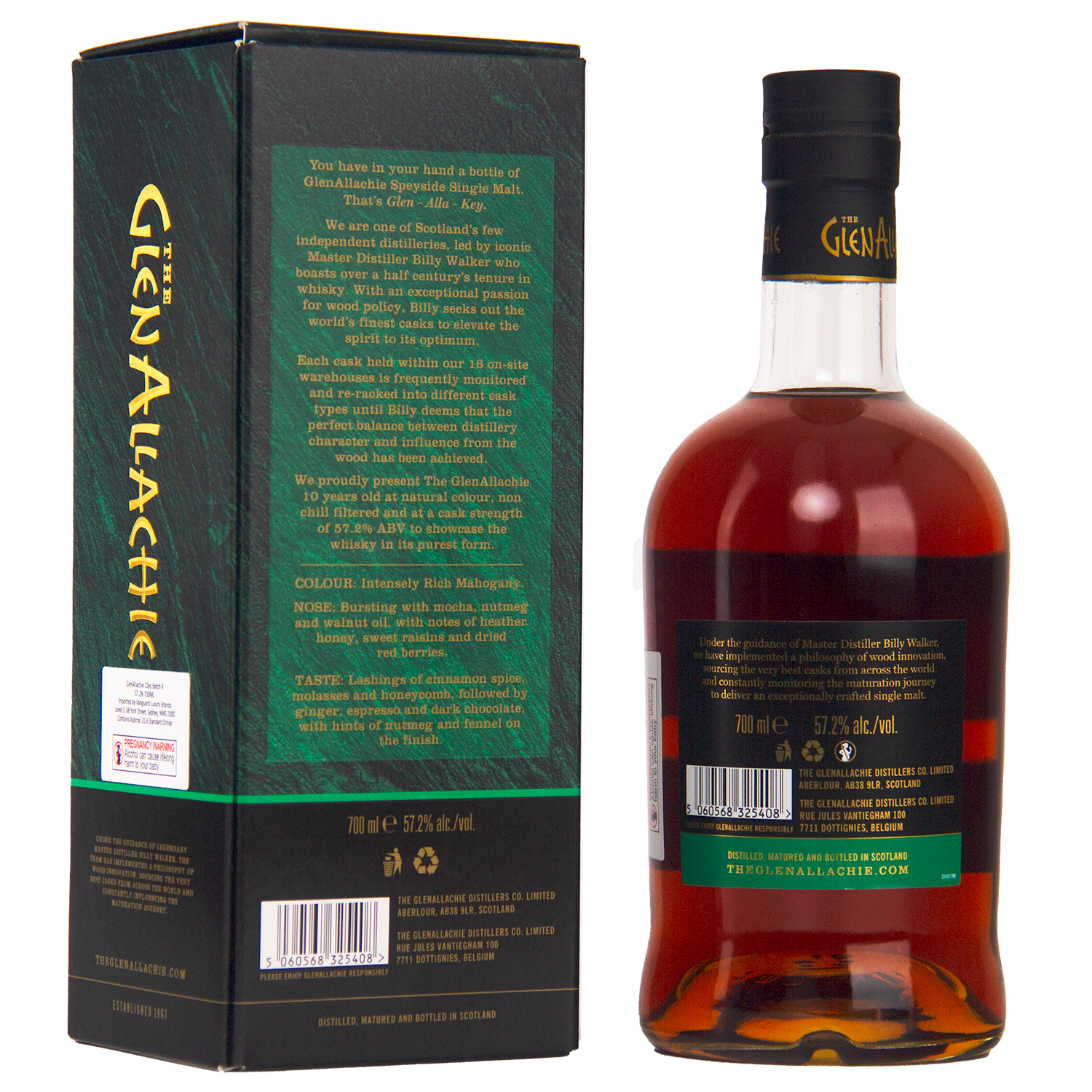 A bottle of GlenAllachie 10 Year Old Cask Strength Batch 8 with dark amber whisky stands next to its green and black box, both displaying gold and white text. The back label and box details can also be seen.