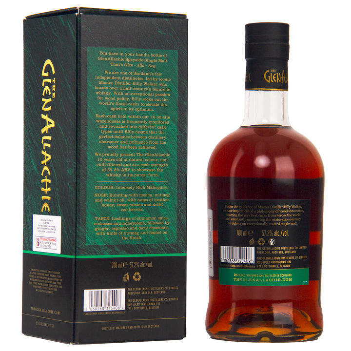 A bottle of GlenAllachie 10 Year Old Cask Strength Batch 8 with dark amber whisky stands next to its green and black box, both displaying gold and white text. The back label and box details can also be seen.