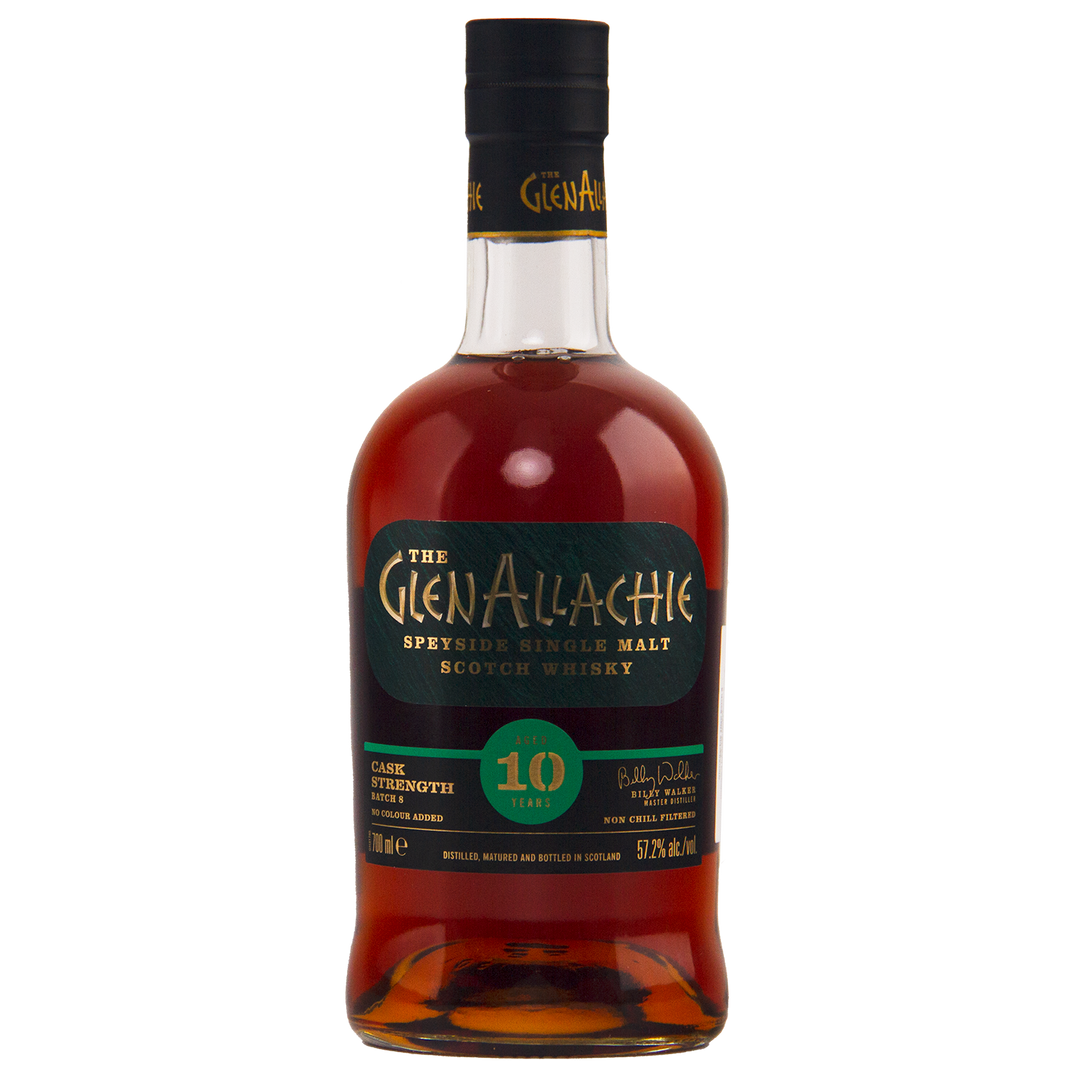 A bottle of GlenAllachie 10 Year Old Cask Strength Batch 8 Speyside whisky with a dark label, gold and green text, and amber liquid. This single malt is aged 10 years and has a robust 57.8% ABV.