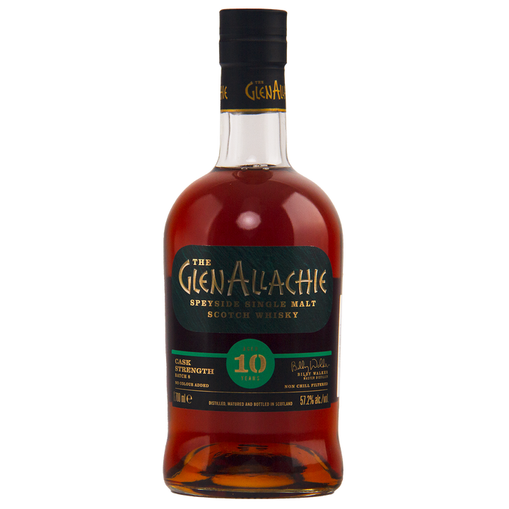 A bottle of GlenAllachie 10 Year Old Cask Strength Batch 8 Speyside whisky with a dark label, gold and green text, and amber liquid. This single malt is aged 10 years and has a robust 57.8% ABV.