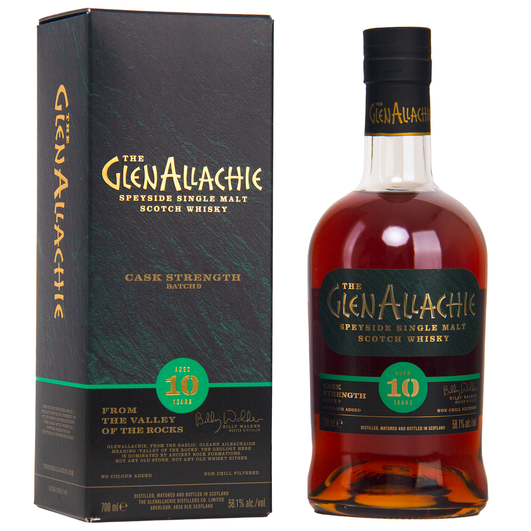 A bottle of GlenAllachie 10 Year Old Cask Strength Batch 9 sits beside its green and black box, both adorned with gold and white text, highlighting the whisky's rich sherry cask influence.
