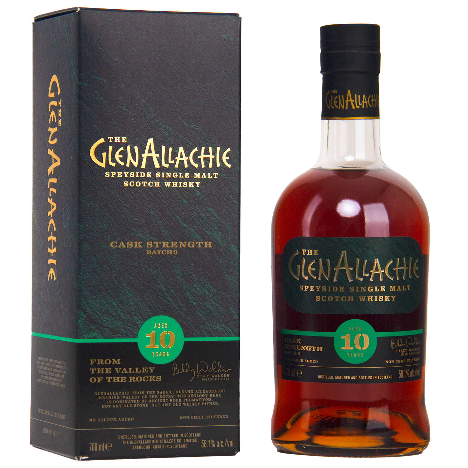 A bottle of GlenAllachie 10 Year Old Cask Strength Batch 9 sits beside its green and black box, both adorned with gold and white text, highlighting the whisky's rich sherry cask influence.
