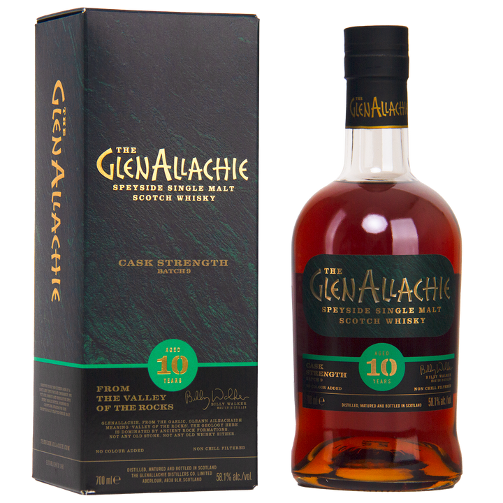 A bottle of GlenAllachie 10 Year Old Cask Strength Batch 9 sits beside its green and black box, both adorned with gold and white text, highlighting the whisky's rich sherry cask influence.