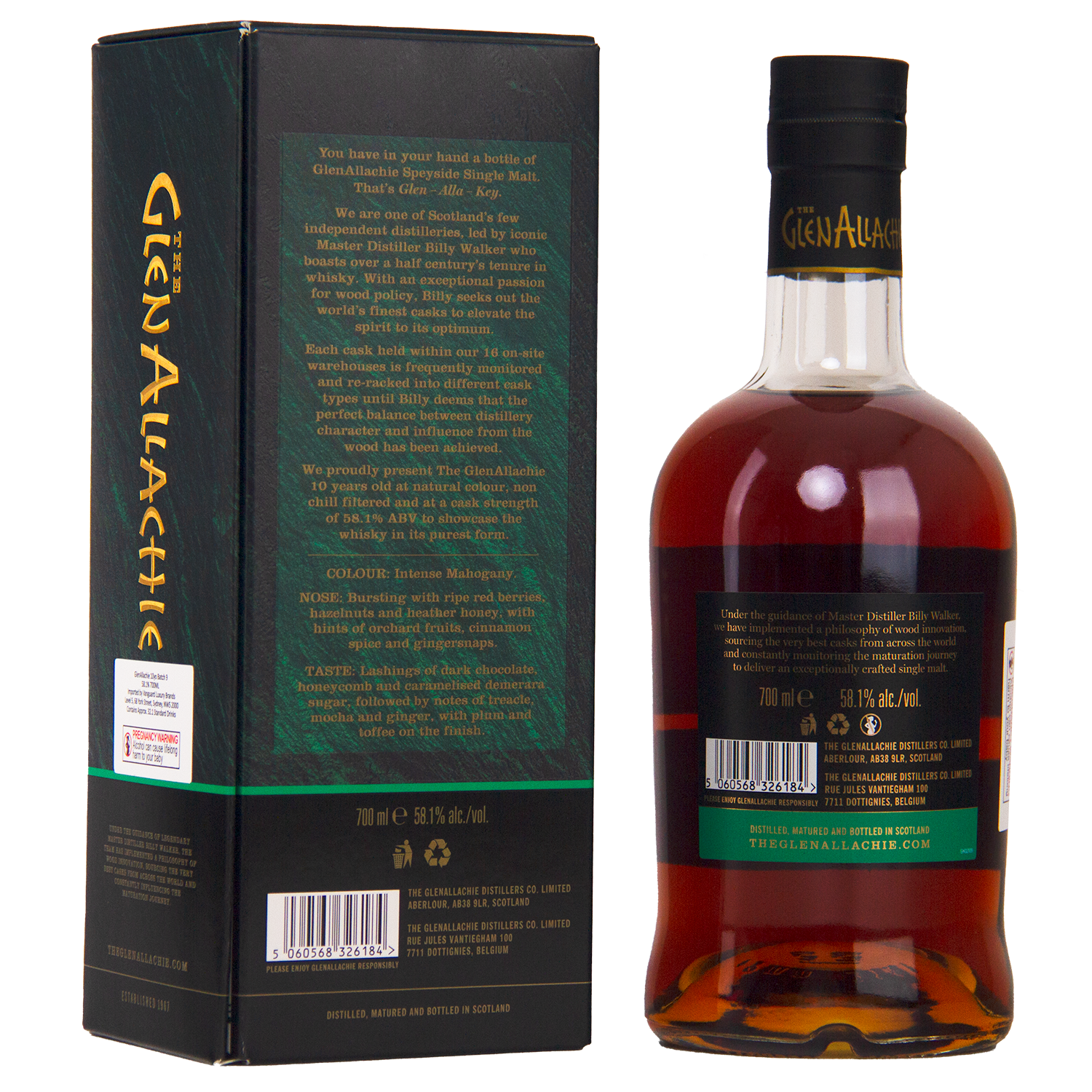 A bottle of GlenAllachie 10 Year Old Cask Strength Batch 9 single malt Scotch whisky stands next to its box. The dark amber spirit, matured in sherry casks, features green and gold labels and tasting notes on both bottle and packaging.