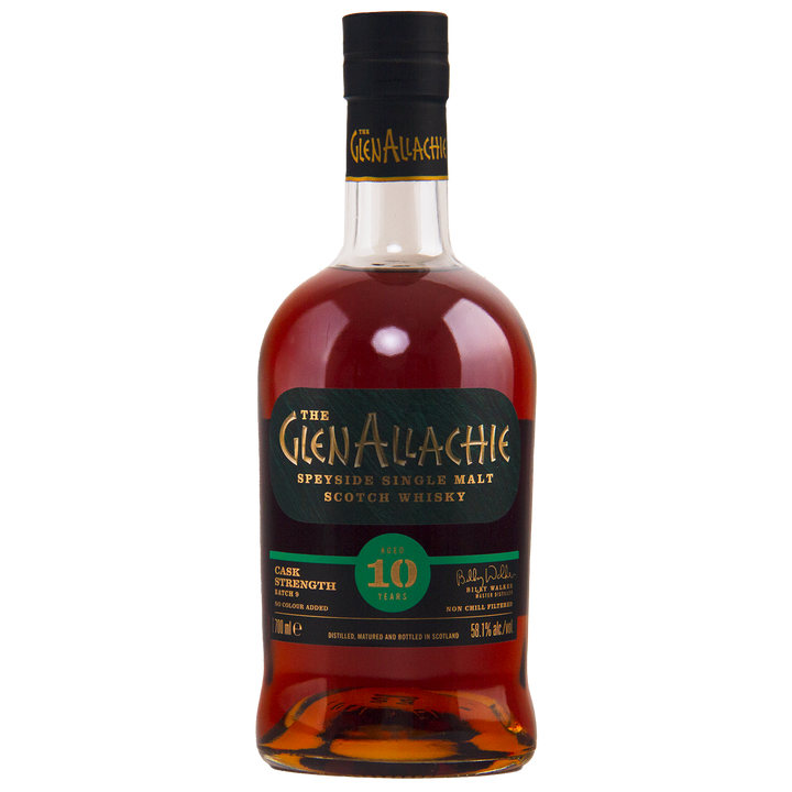 A bottle of GlenAllachie 10 Year Old Cask Strength Batch 9, a Speyside single malt aged in sherry casks, with dark amber liquid and a black label adorned with gold and green text.