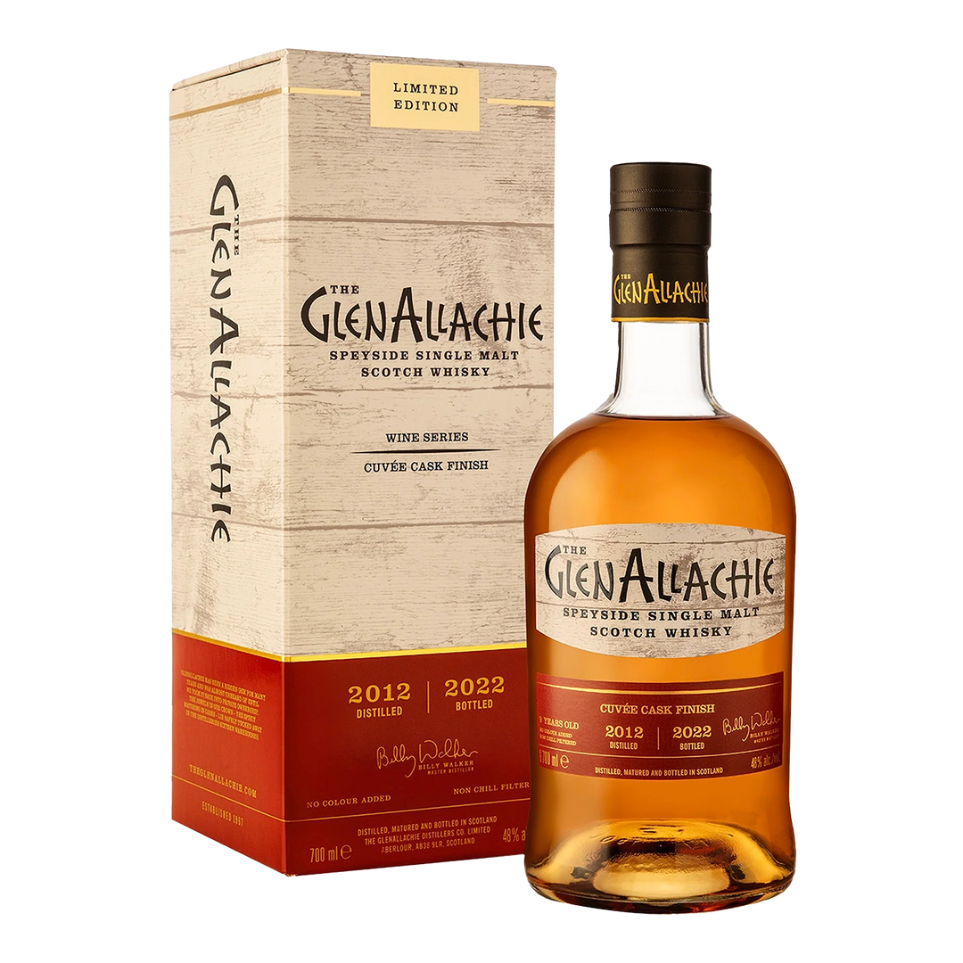 A bottle of GlenAllachie 9 Year Old Cuvée Wine Cask Single Malt Scotch Whisky with box, labeled 2012 Distilled, 2022 Bottled, Wine Series Limited Edition. Both box and bottle feature cream and red accents.