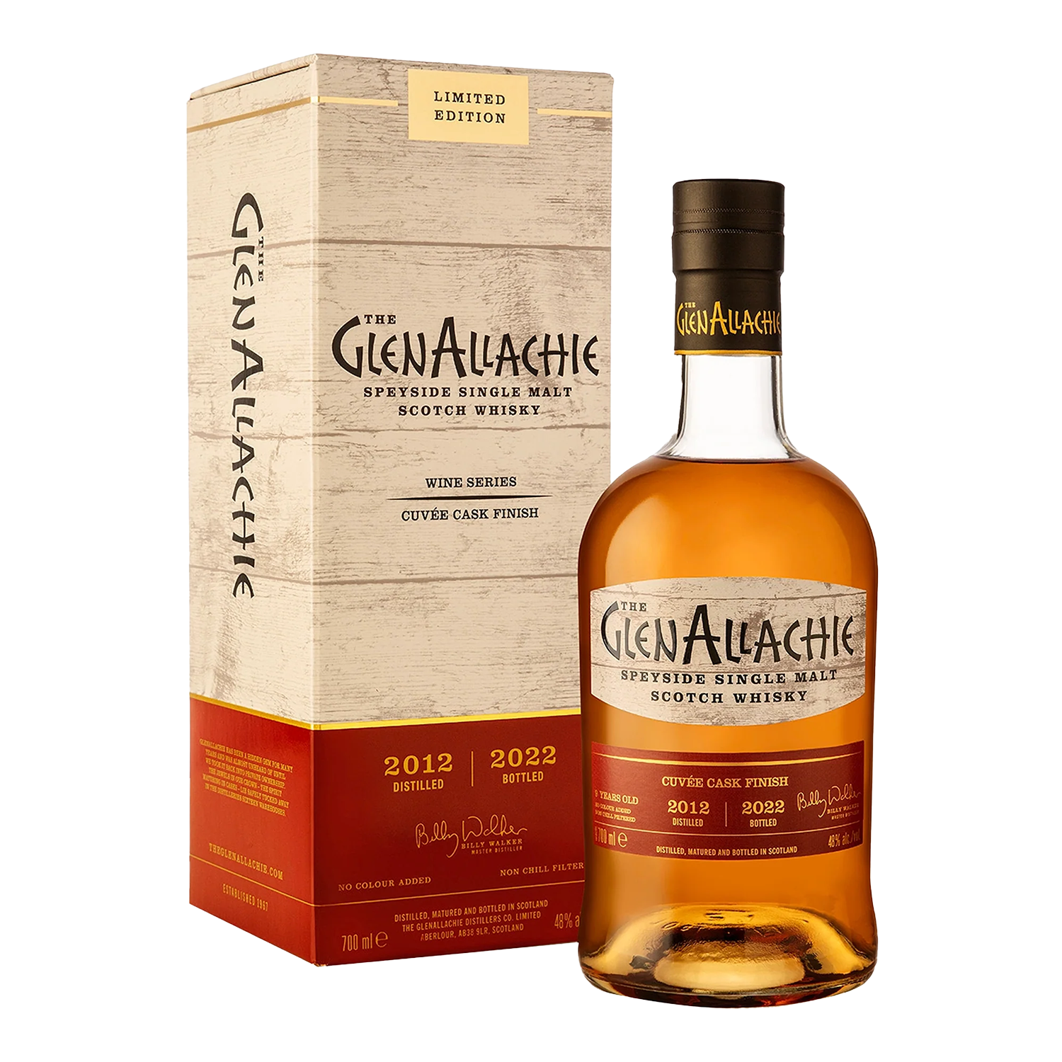 A bottle of GlenAllachie 9 Year Old Cuvée Wine Cask Single Malt Scotch Whisky with box, labeled 2012 Distilled, 2022 Bottled, Wine Series Limited Edition. Both box and bottle feature cream and red accents.
