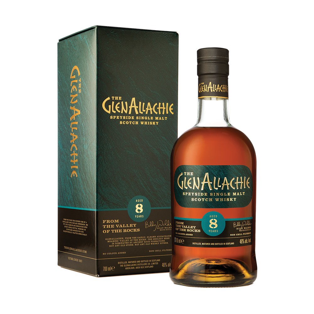 A bottle of GlenAllachie 8 Year Old Single Malt Scotch Whisky is shown beside its coordinating green and gold box, both displaying clear branding and product information.