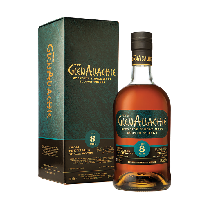 A bottle of GlenAllachie 8 Year Old Single Malt Scotch Whisky is shown beside its coordinating green and gold box, both displaying clear branding and product information.