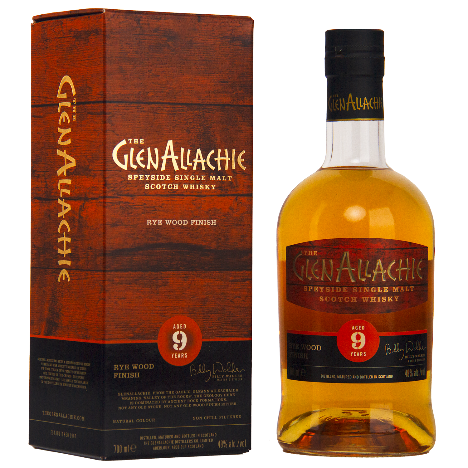 GlenAllachie whisky bottle and packaging on a white background