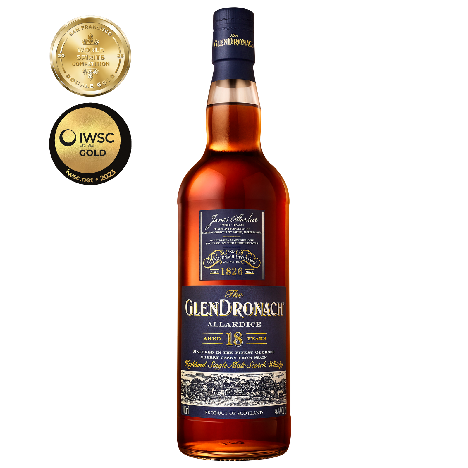 A bottle of Glendronach 18 Year Old Allardice Single Malt Scotch Whisky stands upright on a white background, flanked by San Francisco World Spirits Competition and IWSC Gold 2023 medals, highlighting its sherry cask maturation.
