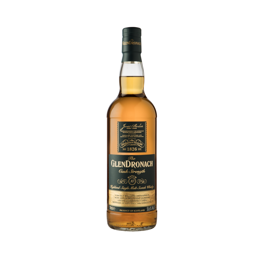 A bottle of Glendronach Cask Strength Batch 10 Single Malt Scotch Whisky, featuring a dark green and gold label and amber spirit, is displayed against a plain white background.
