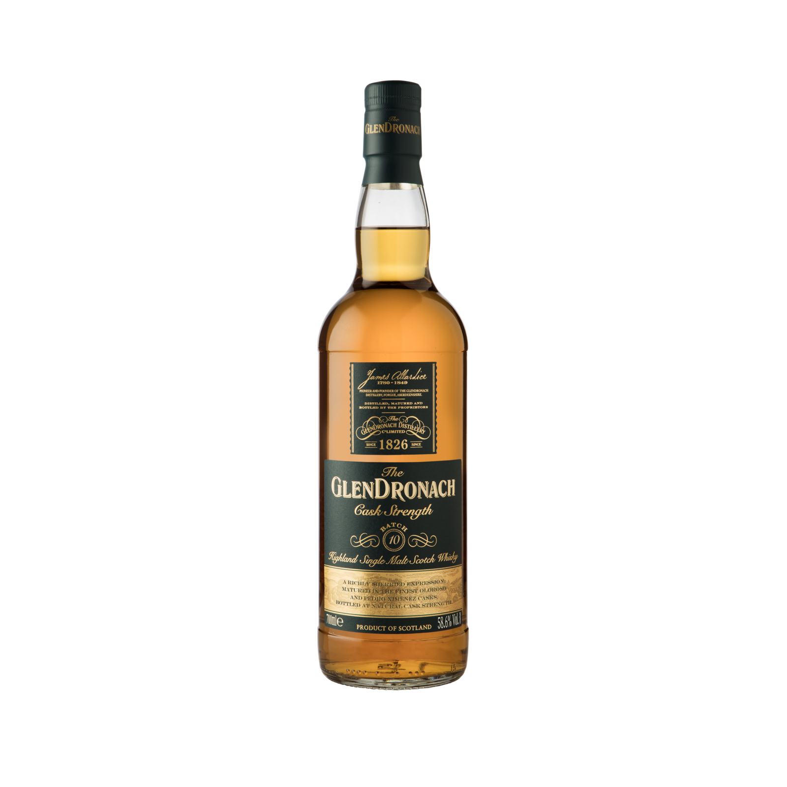 A bottle of Glendronach Cask Strength Batch 10 Single Malt Scotch Whisky, featuring a dark green and gold label and amber spirit, is displayed against a plain white background.
