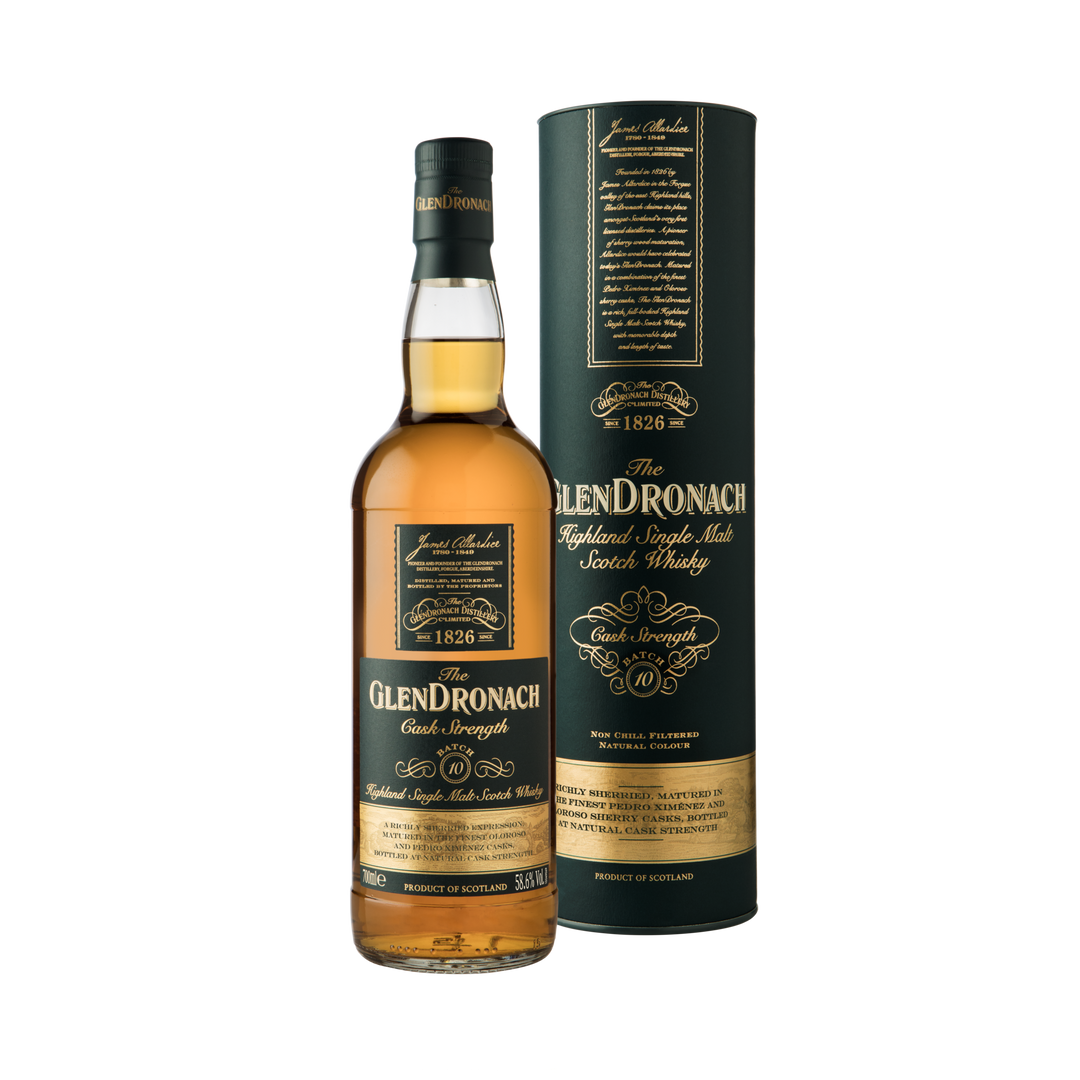 A bottle of Glendronach Cask Strength Batch 10 Single Malt Scotch Whisky stands before its matching dark green cylindrical box with gold and white text, emphasizing this rich sherry cask single malt.