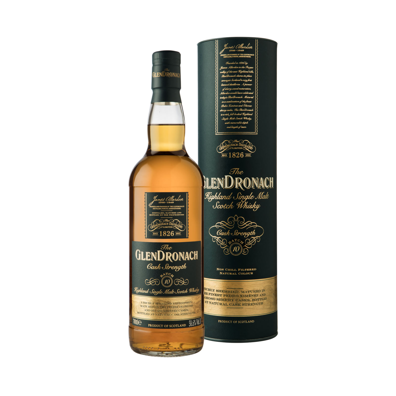 A bottle of Glendronach Cask Strength Batch 10 Single Malt Scotch Whisky stands before its matching dark green cylindrical box with gold and white text, emphasizing this rich sherry cask single malt.