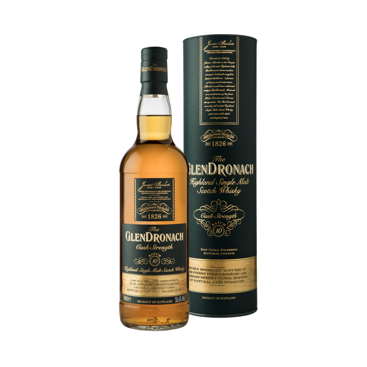 A bottle of Glendronach Cask Strength Batch 10 Single Malt Scotch Whisky stands before its matching dark green cylindrical box with gold and white text, emphasizing this rich sherry cask single malt.