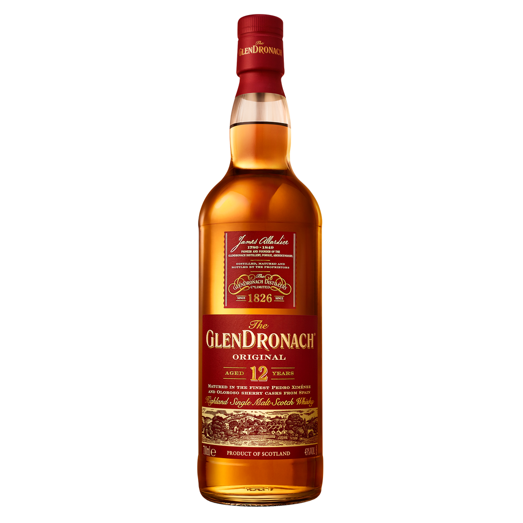 A bottle of Glendronach 12 Year Old Single Malt Scotch Whisky with a red and gold label, highlighting its age statement, sherry cask maturation, and Scottish origin, displayed against a white background.