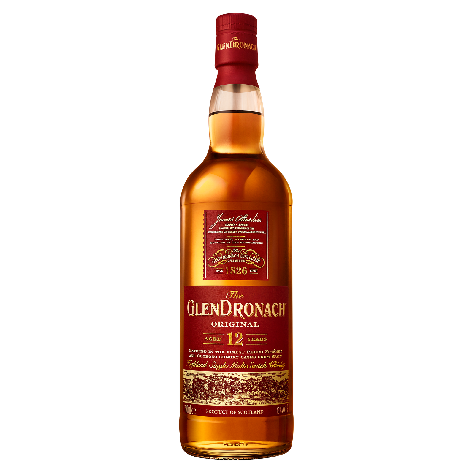 A bottle of Glendronach 12 Year Old Single Malt Scotch Whisky with a red and gold label, highlighting its age statement, sherry cask maturation, and Scottish origin, displayed against a white background.