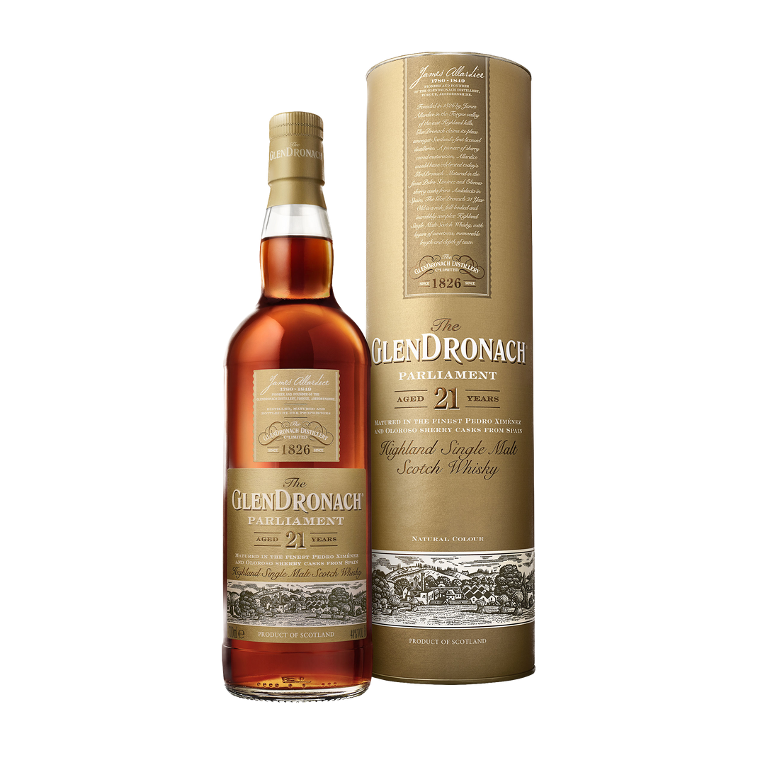 A bottle of Glendronach 21 year old Parliament Single Malt Scotch Whisky is shown next to its gold cylindrical box packaging against a white background.