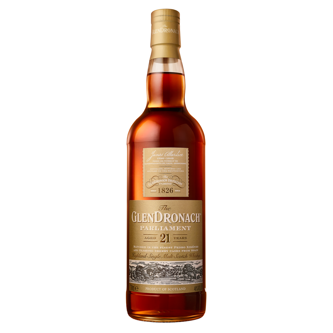 A bottle of Glendronach 21 year old Parliament Single Malt Scotch Whisky stands upright on a white background, known for its rich sherry cask maturation and distinctive gold and cream label.