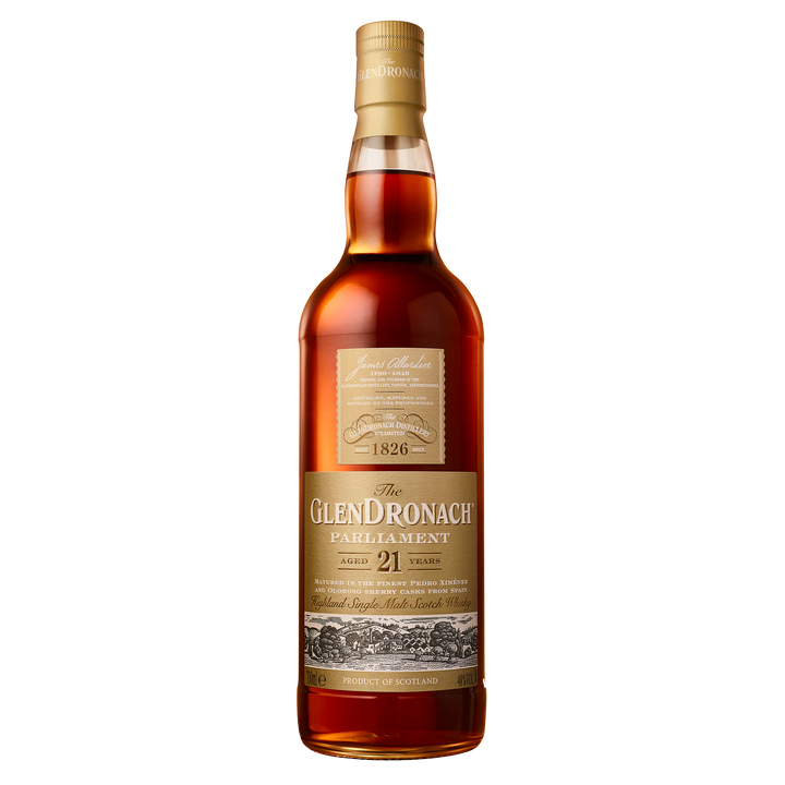 A bottle of Glendronach 21 year old Parliament Single Malt Scotch Whisky stands upright on a white background, known for its rich sherry cask maturation and distinctive gold and cream label.