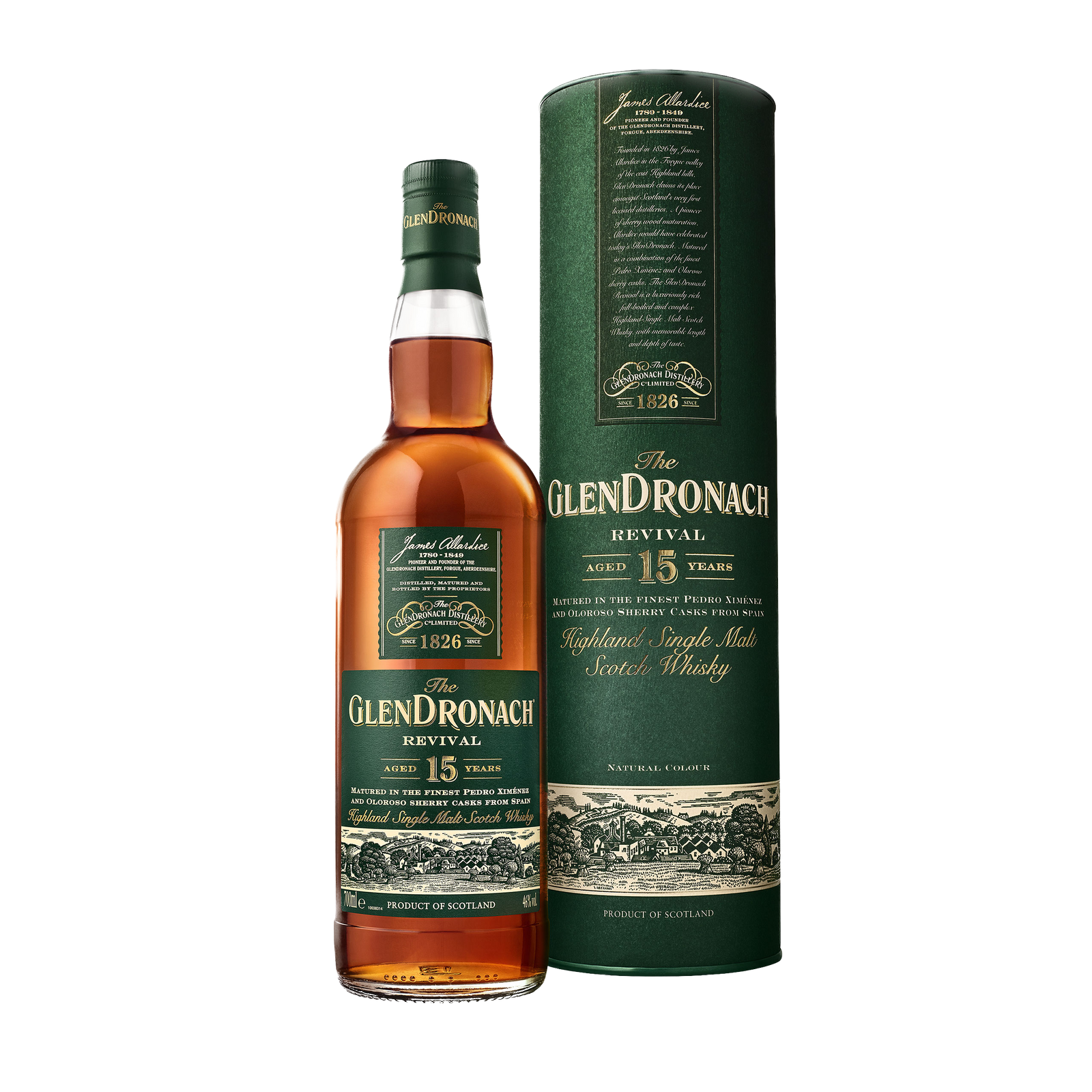 A bottle of Glendronach 15 Year Old Revival Single Malt Scotch Whisky is displayed beside its matching green and gold cylindrical box, showcasing its celebrated sherry cask heritage against a white background.