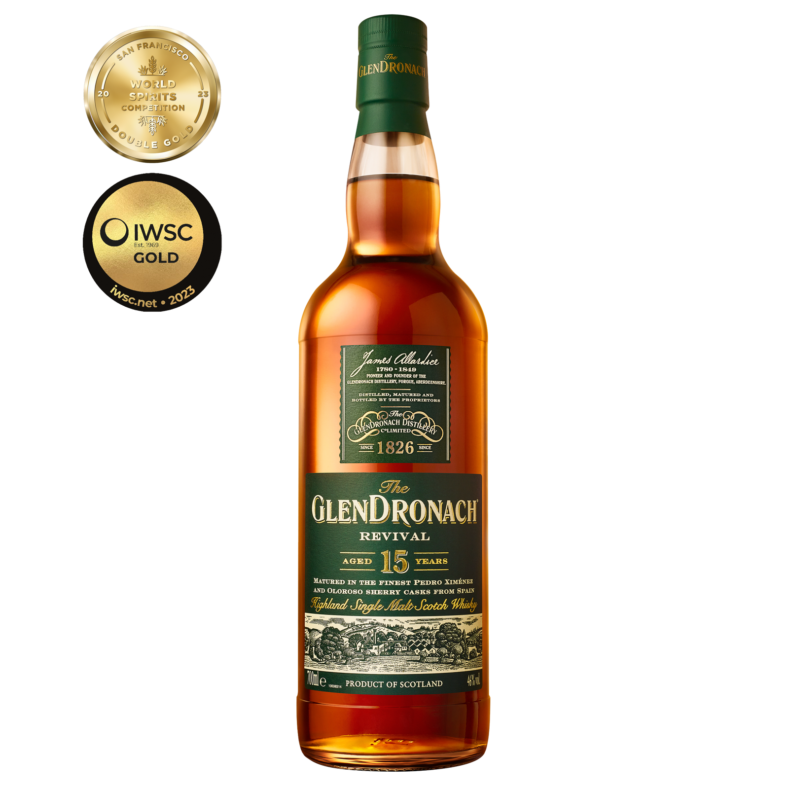 A bottle of Glendronach 15 Year Old Revival Single Malt Scotch Whisky, sherry cask matured, awarded gold at the San Francisco World Spirits Competition and IWSC 2023.