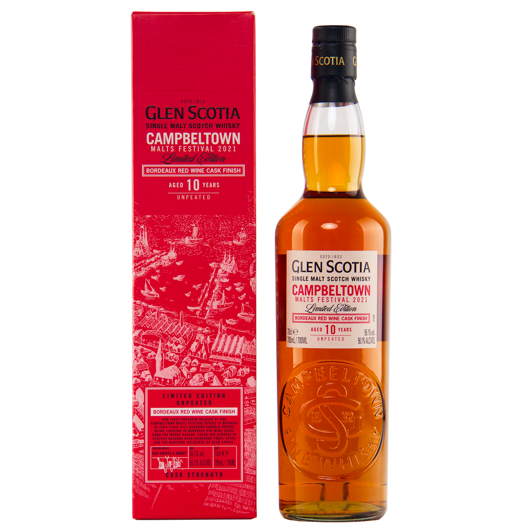 Glen Scotia 10 Year Old Bordeaux Red Wine is a limited edition single malt whisky for the Campbeltown Malts Festival 2021, finished in Bordeaux red wine casks and presented in a striking red box.