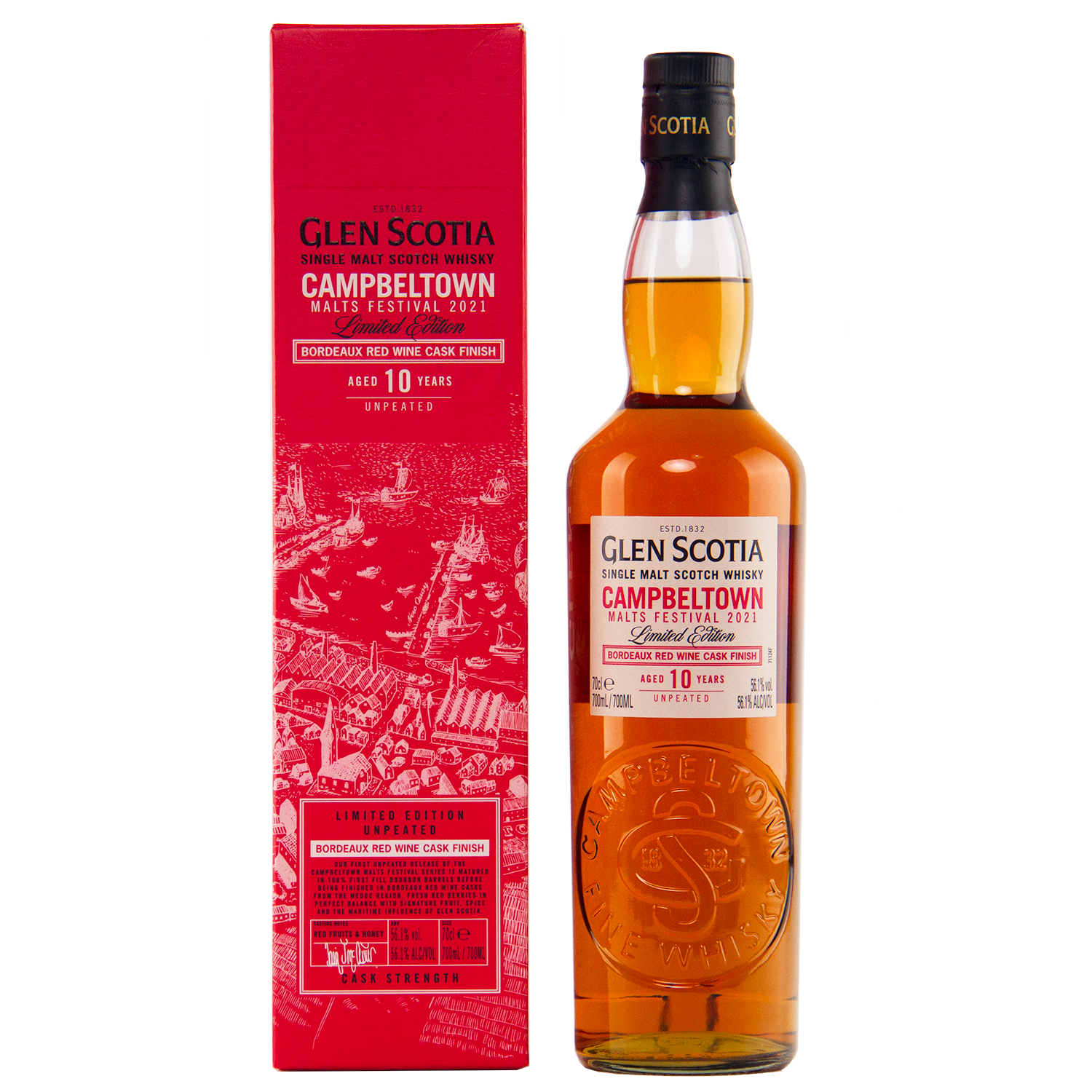 Glen Scotia 10 Year Old Bordeaux Red Wine is a limited edition single malt whisky for the Campbeltown Malts Festival 2021, finished in Bordeaux red wine casks and presented in a striking red box.