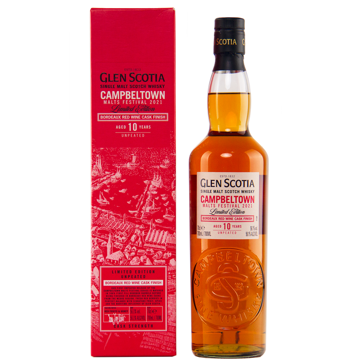 Glen Scotia 10 Year Old Bordeaux Red Wine is a limited edition single malt whisky for the Campbeltown Malts Festival 2021, finished in Bordeaux red wine casks and presented in a striking red box.