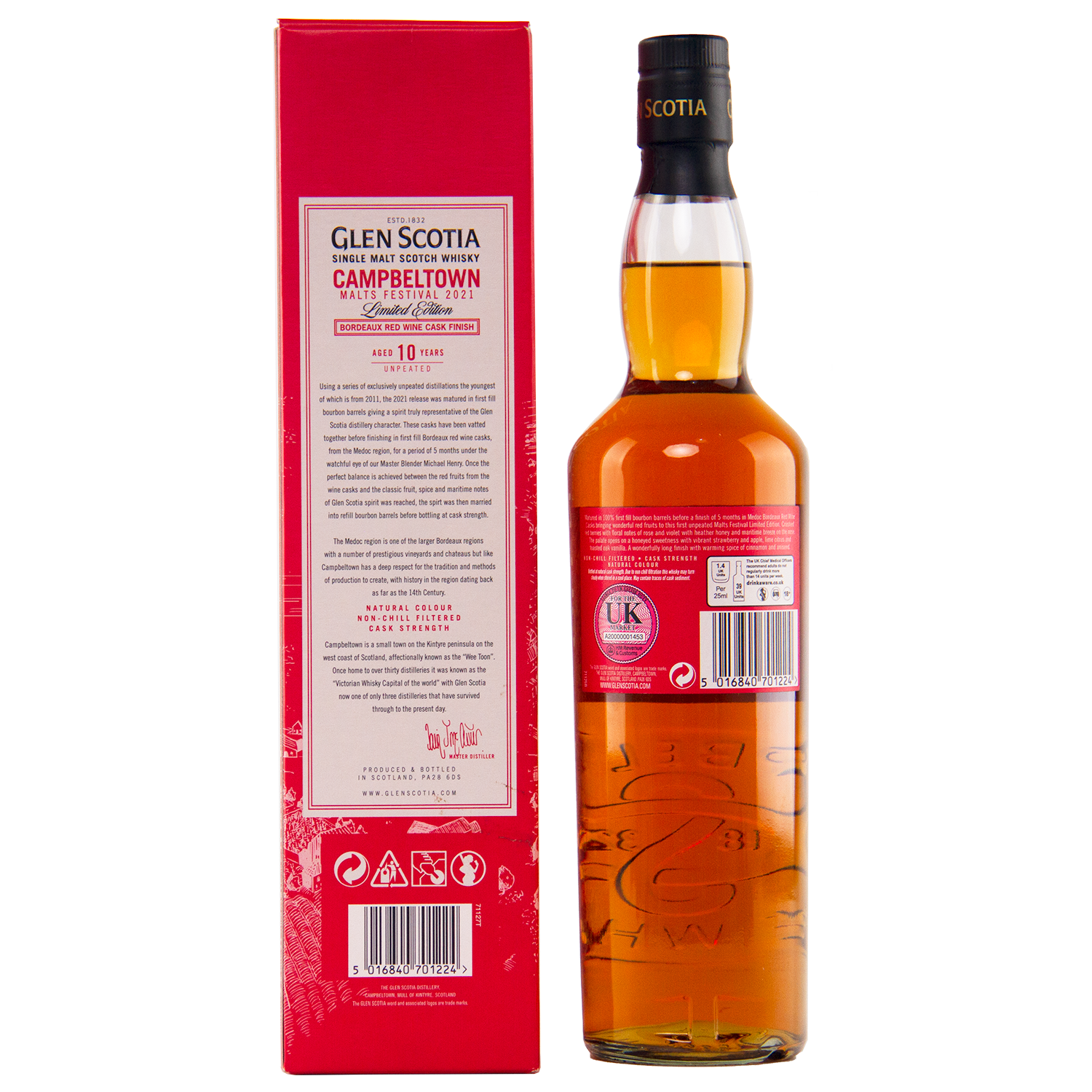 A bottle of Glen Scotia 10 Year Old Bordeaux Red Wine single malt whisky stands beside its red box, the back label noting its special maturation in Bordeaux red wine casks for the Campbeltown Malts Festival.