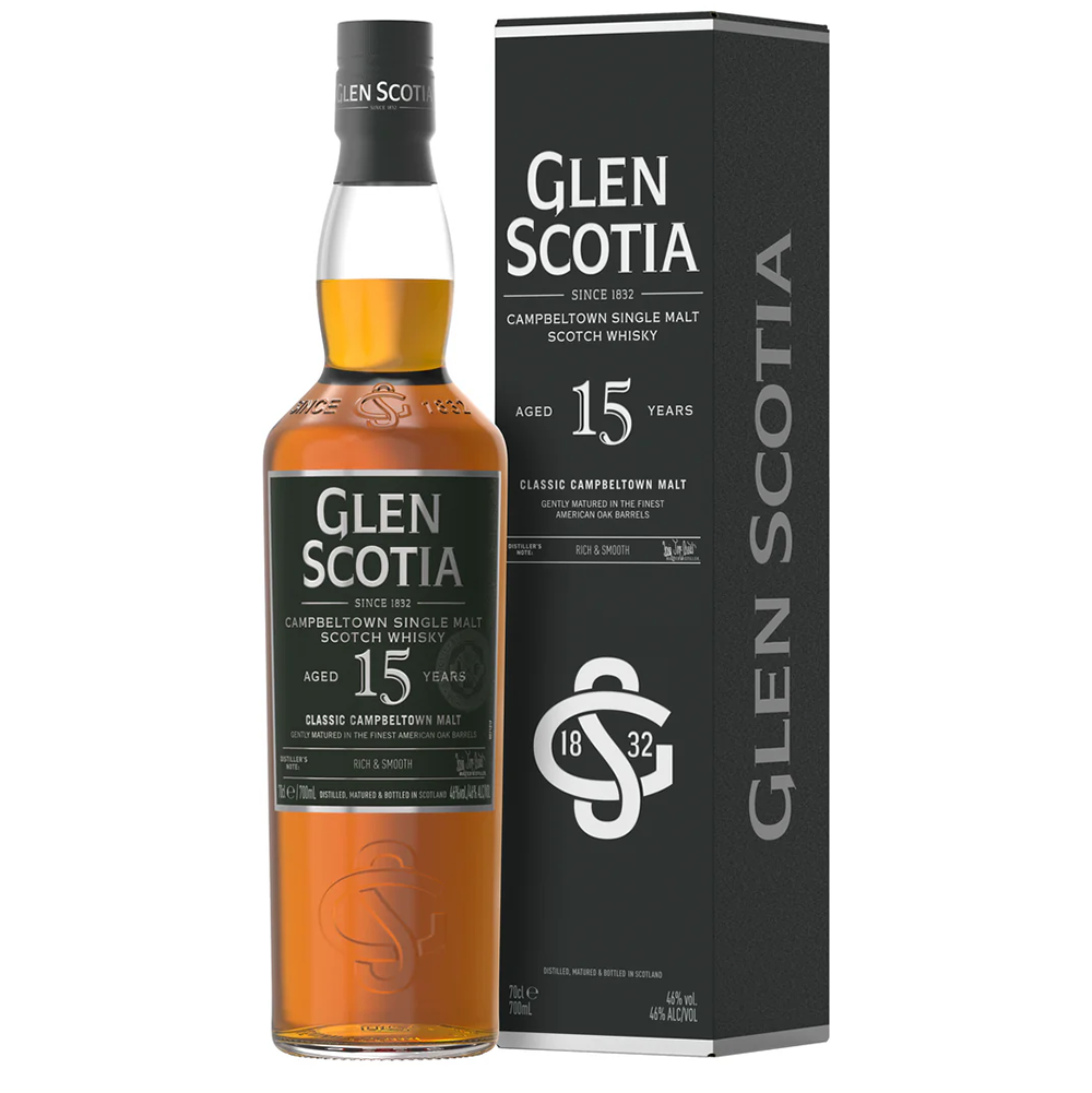 A bottle of Glen Scotia 15 Year Old Single Malt Scotch Whisky stands beside its black box, both featuring the brand name, age statement, and American oak cask maturation details in crisp white lettering.