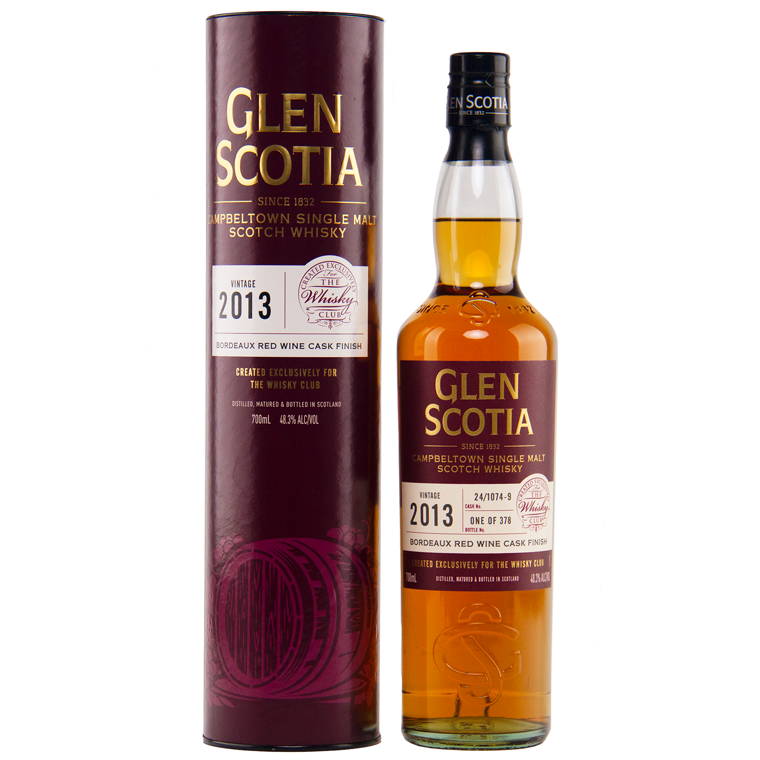 The Glen Scotia 2013 Bordeaux Single Cask bottle stands next to its maroon cylindrical packaging, both displaying gold and white text detailing its specifications, including maturation in a Bordeaux red wine cask.