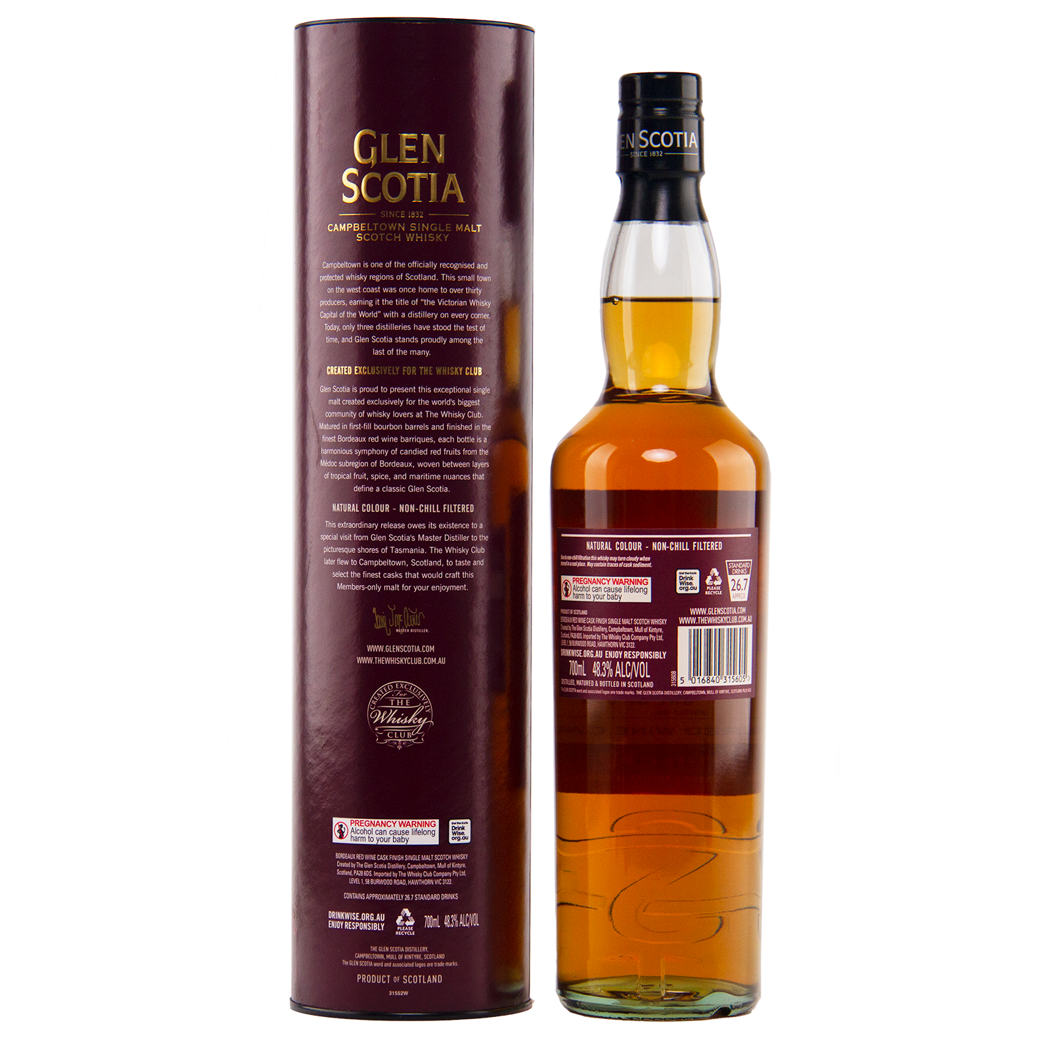 A bottle of Glen Scotia 2013 Bordeaux Single Cask single malt Scotch whisky stands beside its tall maroon box, both featuring gold and white labeling. The amber whisky was finished in a Bordeaux red wine cask with detailed product info displayed.