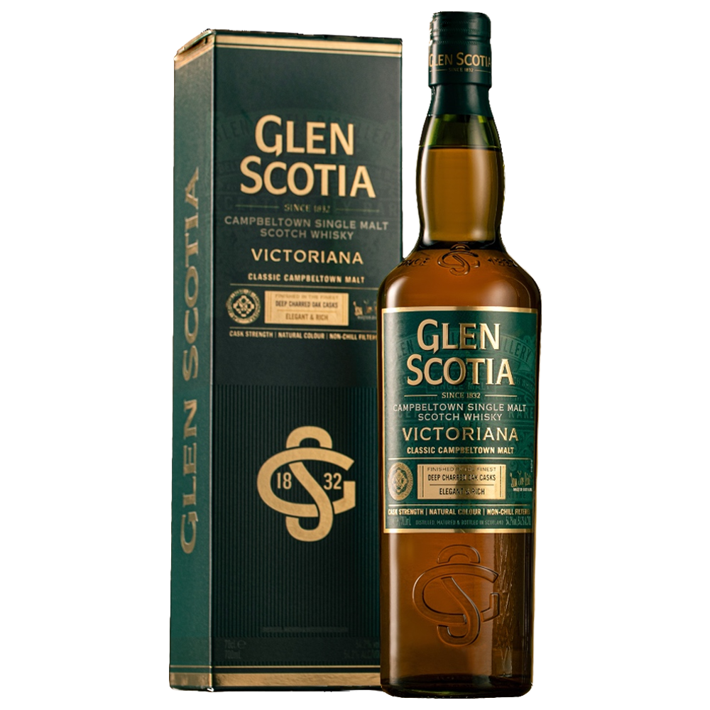 A bottle of Glen Scotia Victoriana Single Malt Scotch Whisky is displayed beside its matching green and gold box, both featuring the brand name and details in bold white and gold.