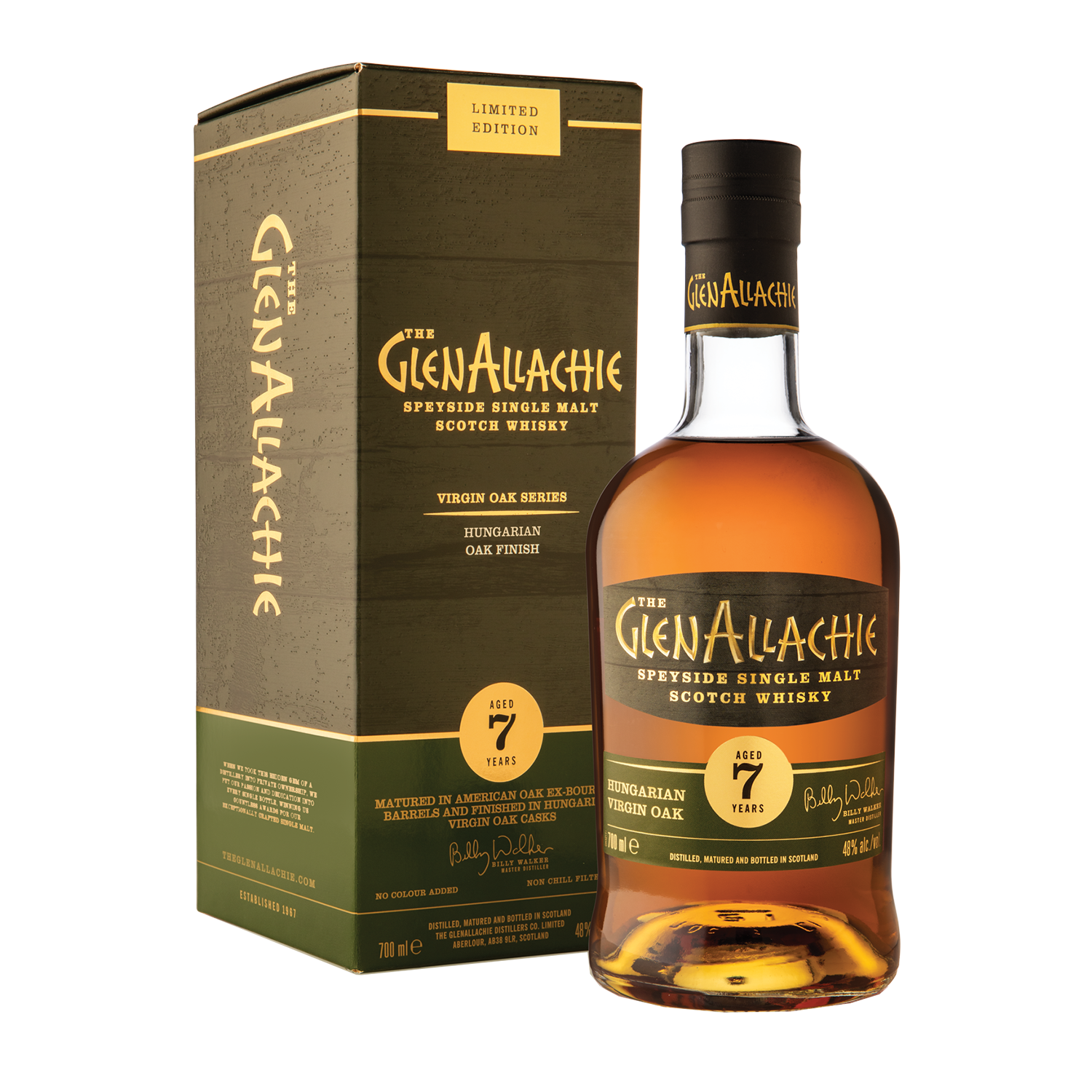 A bottle of GlenAllachie 7 Year Old Hungarian Oak Single Malt Scotch Whisky stands beside its matching green and gold box, showcasing the label and emphasizing its limited edition release.