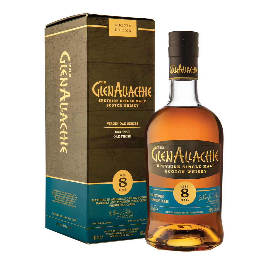 A bottle of GlenAllachie 8 Year Old Scottish Oak Single Malt Scotch Whisky stands beside its matching box, both with gold and blue labels highlighting its limited edition Scottish Oak cask finish.