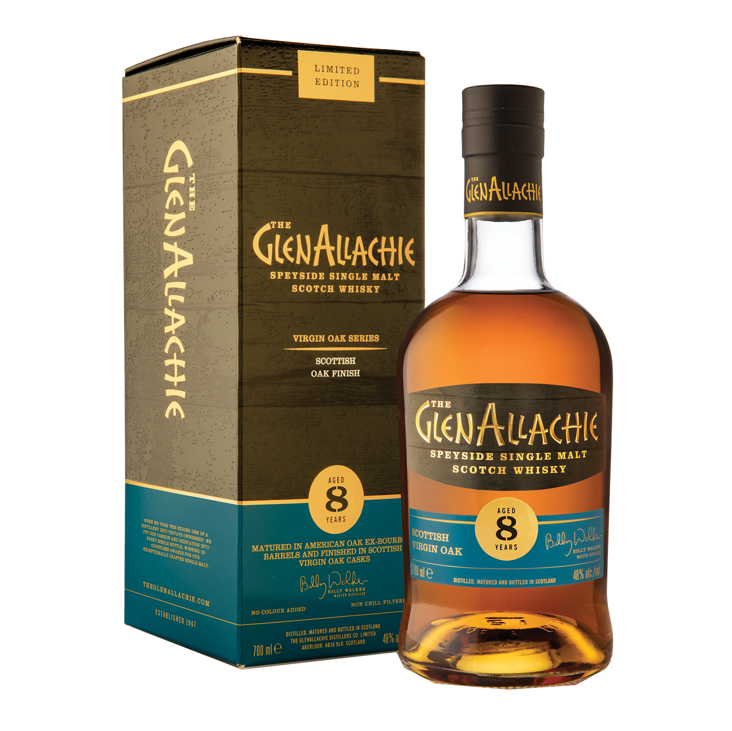 A bottle of GlenAllachie 8 Year Old Scottish Oak Single Malt Scotch Whisky stands beside its matching box, both with gold and blue labels highlighting its limited edition Scottish Oak cask finish.