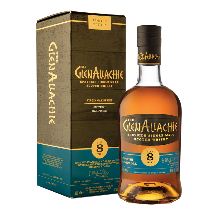 A bottle of GlenAllachie 8 Year Old Scottish Oak Single Malt Scotch Whisky stands beside its matching box, both with gold and blue labels highlighting its limited edition Scottish Oak cask finish.
