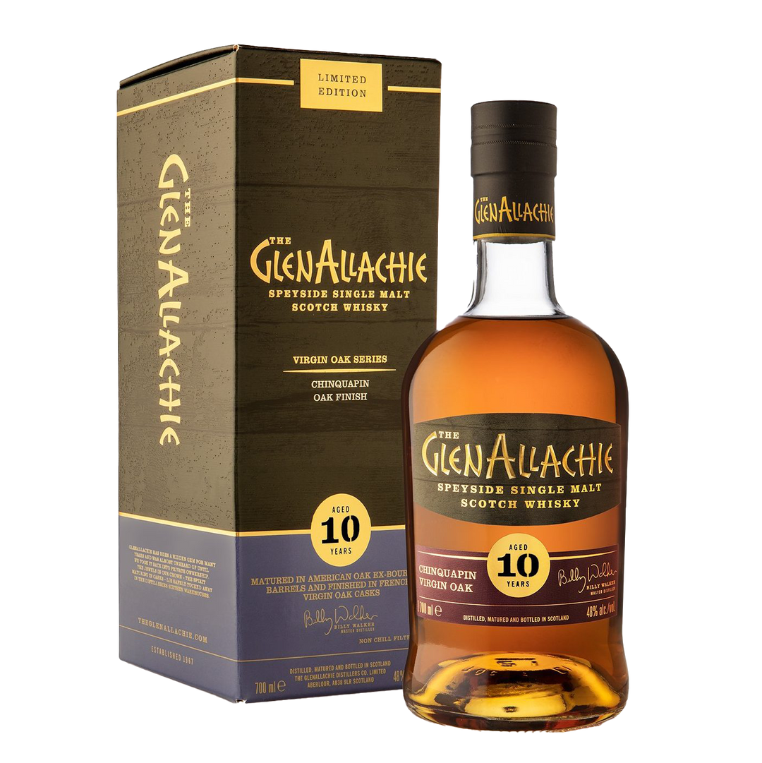 A bottle of GlenAllachie 10 Year Old Chinquapin Virgin Oak Finish Single Malt Scotch Whisky stands beside its gold, black, and cream box. The label and box highlight the Virgin Oak Series and unique Chinquapin oak finish.