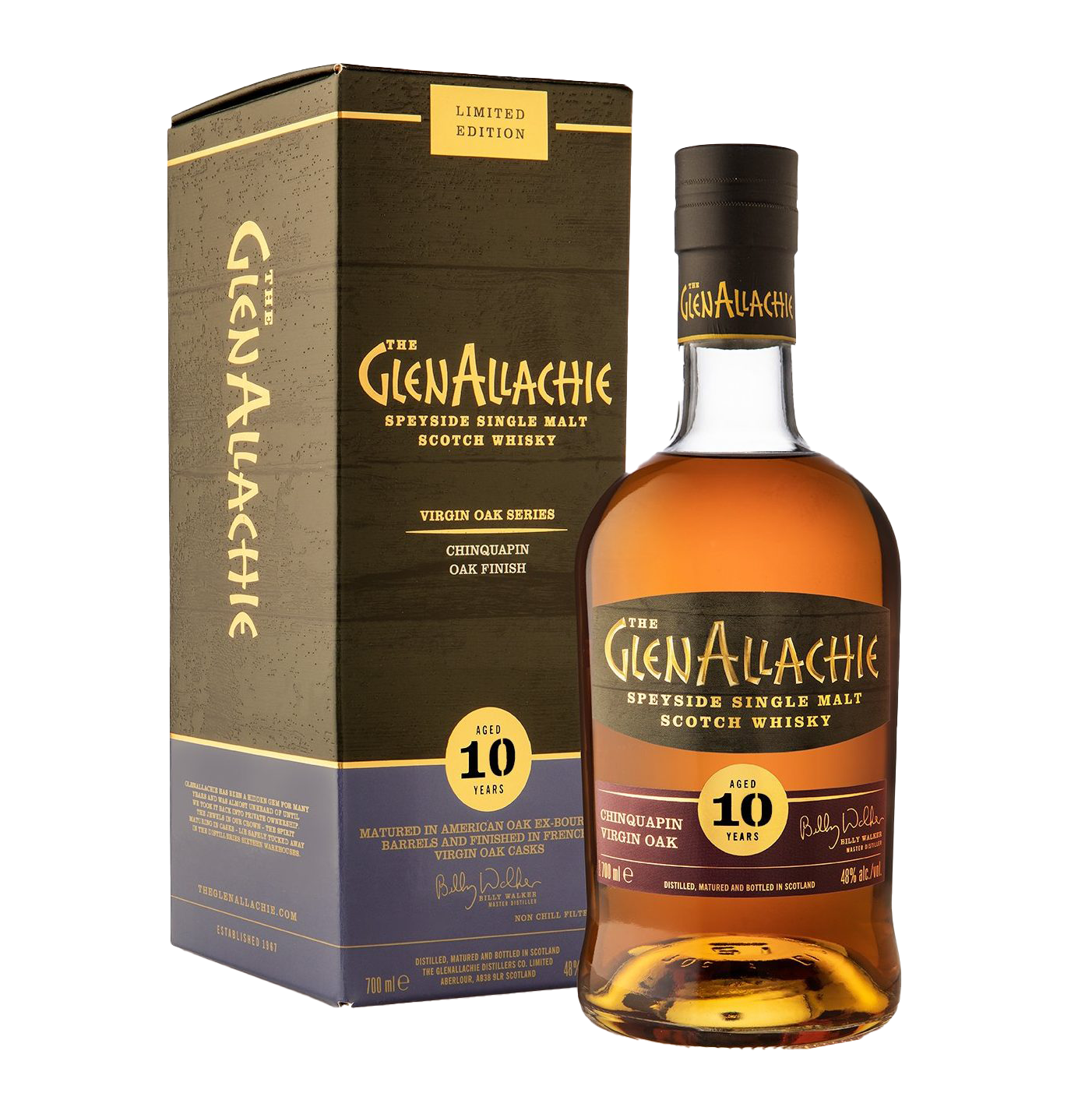 A bottle of GlenAllachie 10 Year Old Chinquapin Virgin Oak Finish Single Malt Scotch Whisky stands beside its gold, black, and cream box. The label and box highlight the Virgin Oak Series and unique Chinquapin oak finish.