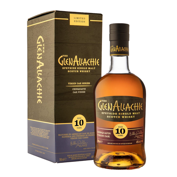 A bottle of GlenAllachie 10 Year Old Chinquapin Virgin Oak Finish Single Malt Scotch Whisky stands beside its gold, black, and cream box. The label and box highlight the Virgin Oak Series and unique Chinquapin oak finish.