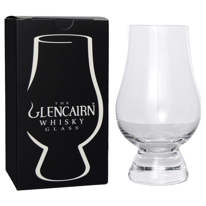 A Glencairn Crystal Whisky Glass (Black & White Box) sits beside its black packaging, which features a white outline of the glass and "The Glencairn Whisky Glass" on the front—ideal for whisky tasting.