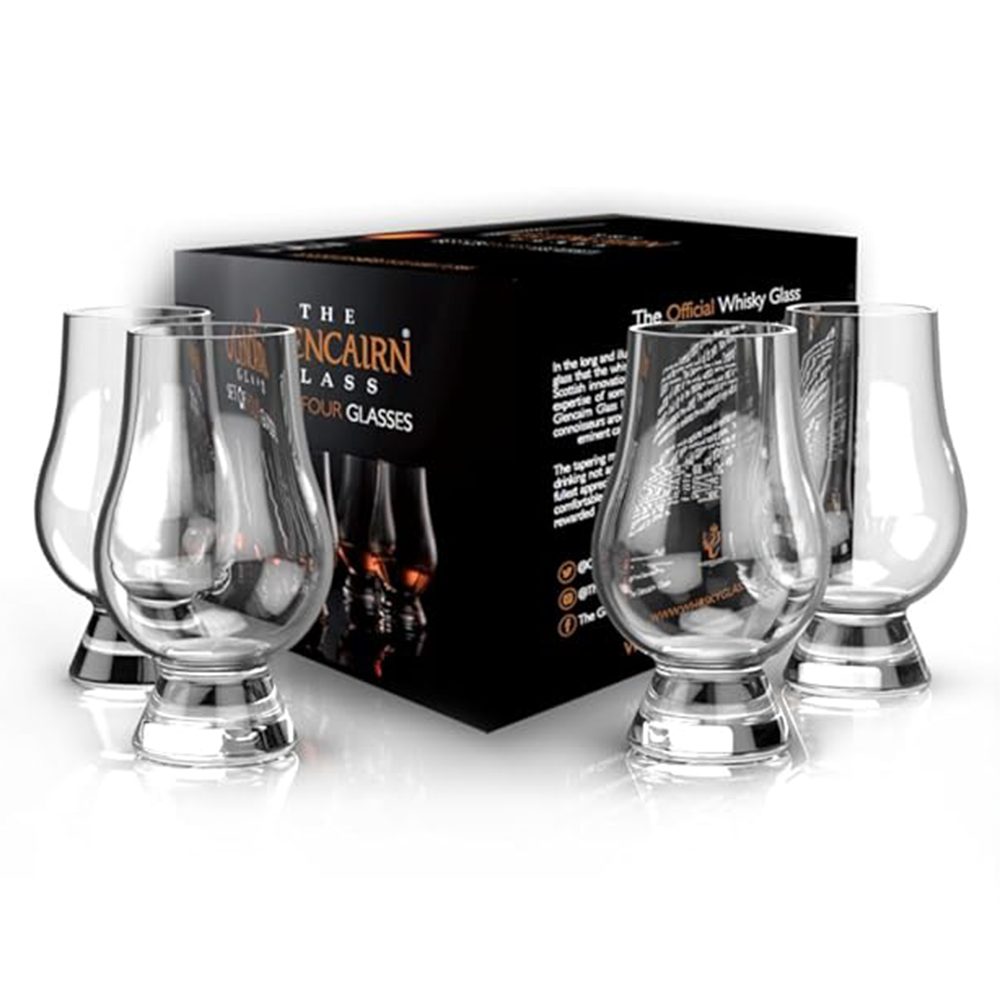 A set of four Glencairn Crystal Whisky Glasses is arranged around a black box labeled "Glencairn Crystal Whisky Glass in Box (set of 4)," which features imagery and text calling them The Official Whisky Glass.