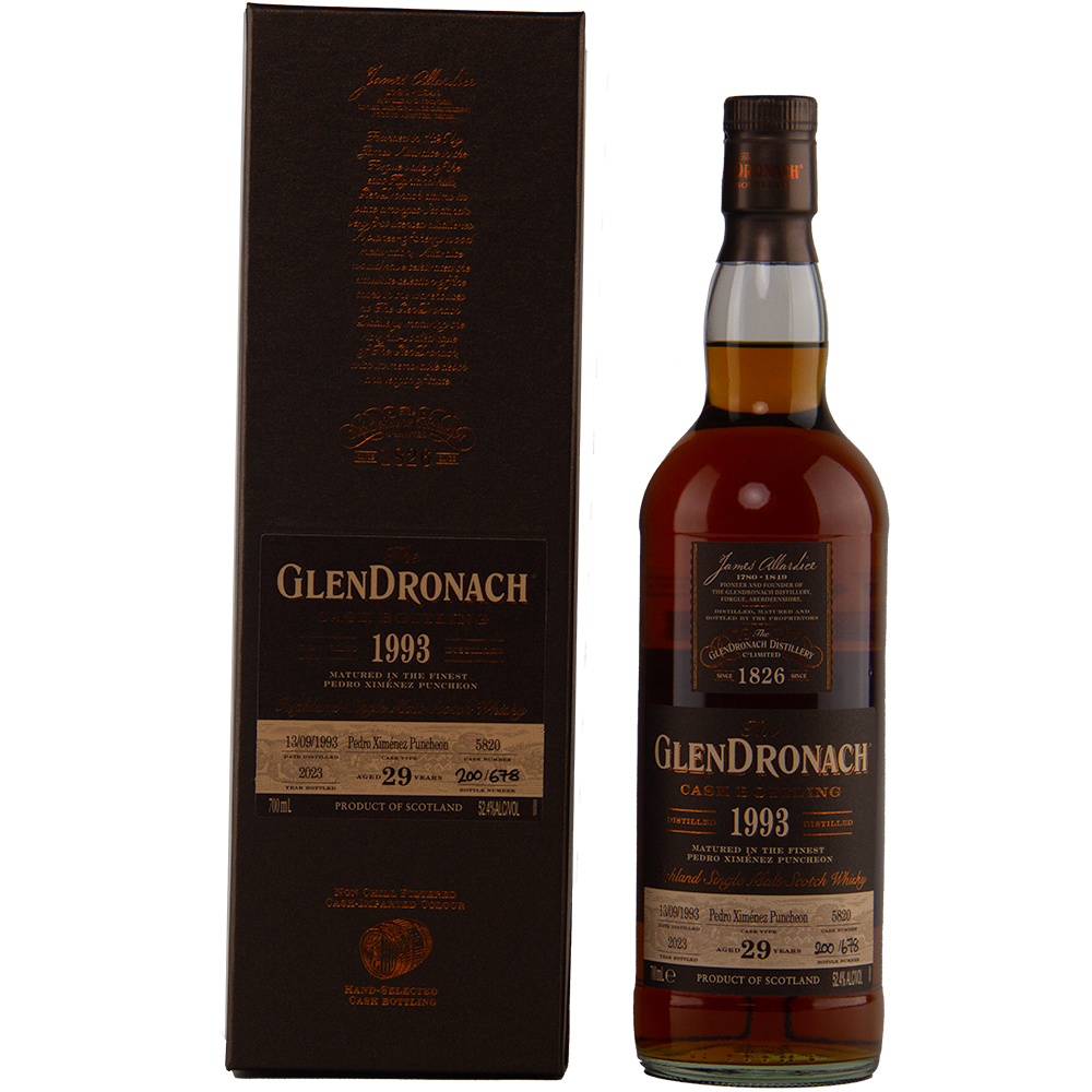 A bottle of Glendronach 1993 29 Year Old stands beside its brown display box, both adorned with gold and cream text highlighting this exceptional single cask release’s age, cask type, and distillery details.