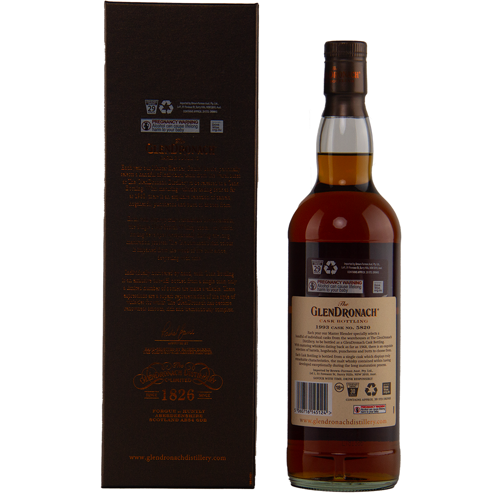 A bottle of Glendronach 1993 29 Year Old stands beside its dark brown box, both shown from the back to highlight cask bottling details and rich information about this single cask release.